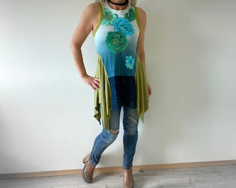 Ombre Tank Top Upcycled Clothing Women's Flower Shirt Bohemian Tunic Draped Layered Reconstructed Clothes Eco Art To Wear M 'AURORA'