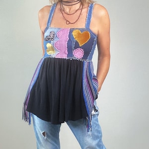 Upcycled Patchwork Peplum Top: Bohemian Fringe Festival Shirt Women's Tank - M 'SERRA'