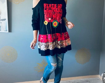 Upcycled Sweatshirt Ruffle Tunic with Flowers Colorful Top Fun Unique Clothes Boho Long Shirt L XL 1X