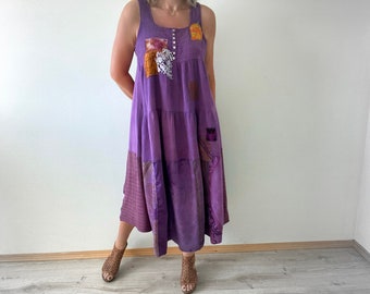 Boho Maxi Dress Shabby Dress Country Chic Clothes Recycled Altered Hippie Clothing Bohemian Frock Tiered Purple Dress L XL 'DANIELLE'