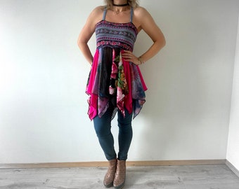 Colorful Boho Tank Swing Shirt Reconstructed Clothing Bohemian Clothes Wispy Scarves Tattered Upcycled Tunic Top Peplum Shirt S M 'TEIGAN'