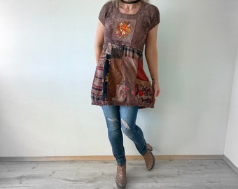 Rustic Tunic Patchwork Shirt Shabby Chic Top Art Clothing Upcycle Clothes Boho Women's Wear Fox Shirt Earth Tones M 'HAZEL'