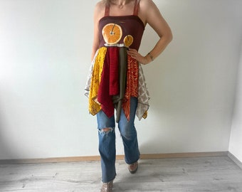 Boho Festival Shirt Colorful Peplum Tank Top Scarf Tattered Top Bohemian Clothes Women's Gypsy Shirt Hippie Fashion Wearable Art M 'PORTIA'