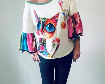 Colorful T-Shirt Whimsical Top Cat Lover Shirt Bell Sleeves Upcycled Clothes M L XL 'CELESTE'