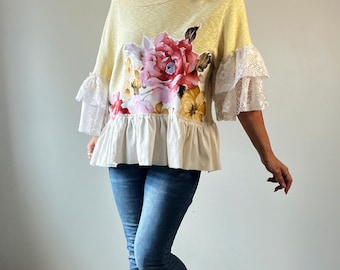 Summer Top Shabby Chic Floral Shirt Lace Bell Sleeves Upcycled Clothes Boho Tunic M L XL 1X 'HALEY'