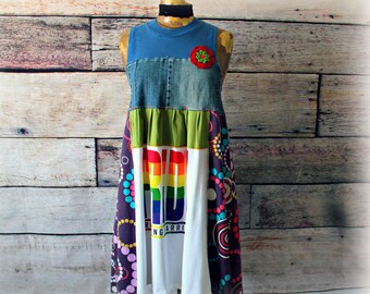 M L Boho Patchwork Shabby Chic Summer Tunic Top Festival T-shirt Dress