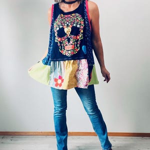 Upcycled Plus Size Sugar Skull Tunic Colorful Boho Top Women's Swing Tank Patchwork Clothing 1X 2X 3X 'EDEN'