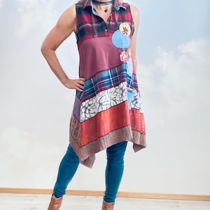 Funky Patchwork Dress, Recycled Clothing, Women&#39;s Art Wear, Sleeveless Dress, Bohemian Shabby Tunic, Shabby Chic Dress M L &#39;MORGAN&#39;
