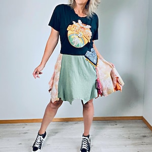 Upcycled Band T-Shirt Dress Skull Tassel Hippie Chic Cotton Dress Slow Fashion Hippie Clothes M-1X 'BELLA'