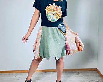 Upcycled Band T-Shirt Dress Skull Tassel Hippie Chic Cotton Dress Slow Fashion Hippie Clothes M-1X 'BELLA'