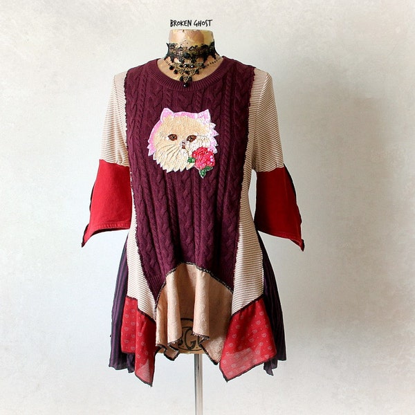 Women's Cat Shirt Cableknit Sweater Artsy Unique Top Winter Long Sleeve Boho Style Clothes Recycled Clothing Lagenlook Tunic Top M 'MARILU'