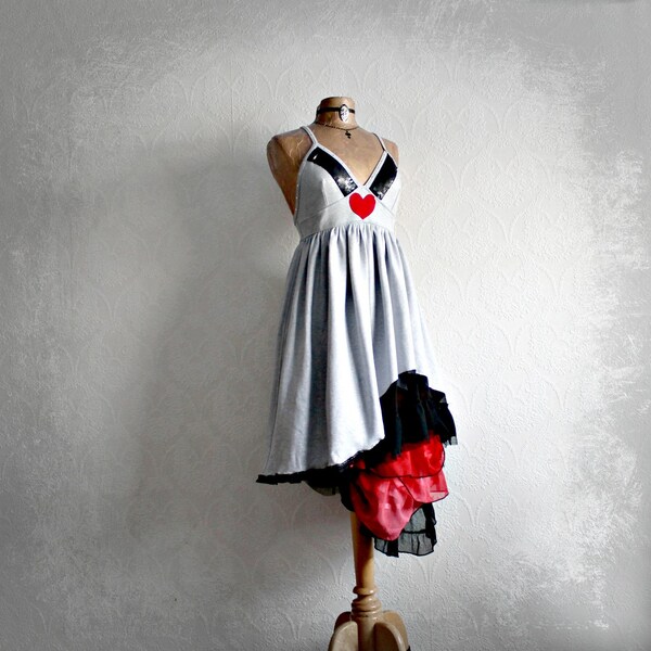 Silver Gray Bohemian Dress Red Heart Frilly Ruffles Eco Fashion Empire Waist Dress Reconstructed Clothing Women's Dress Medium 'OLIVIA'