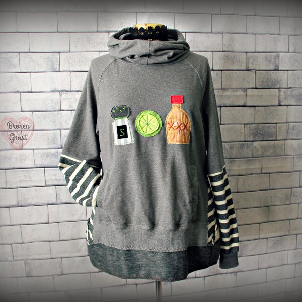 Upcycled Clothing Grey Oversize Hoodie Applique Jacket Mexican Margarita Fun Food Clothes Women's Sweatshirt Pullover Hoodie L XL 'TEQUILA'