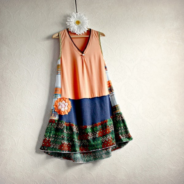 Upcycled Clothing Peach A-Line Dress Navy Blue Bohemian Clothes Eco Fashion Gypsy Style Southwestern Print Small 'WILD WEST'