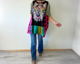 Plus Size Oversize Tunic Upcycle Top Colorful Wolf Shirt Art To Wear Clothing Eco Conscious Women's Boho Top Hippie Shirt 1X 2X 3X 'RYLEE'