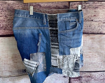 Women's Denim Shorts Hippie Style Upcycled Jeans Shabby Patch Shorts Country Clothing Boho Chic Clothes Cut off Shorts XL 14 16 'LAUREL'