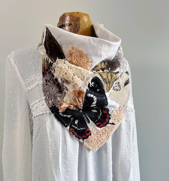 Butterfly Bandana Triangle Scarf Slow Fashion Wearable Art Accessory Vintage Lace Reversible Bandana 'VIVIENNE'