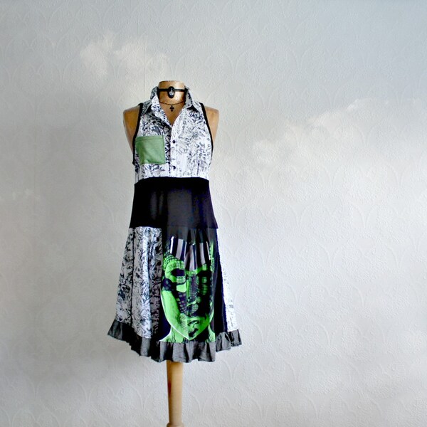 Black and White Upcycled Dress Ladies Eco Clothes Bright Green Shirt Dress Summer Clothing Reconstructed Women's Sundress M 'TALULA'