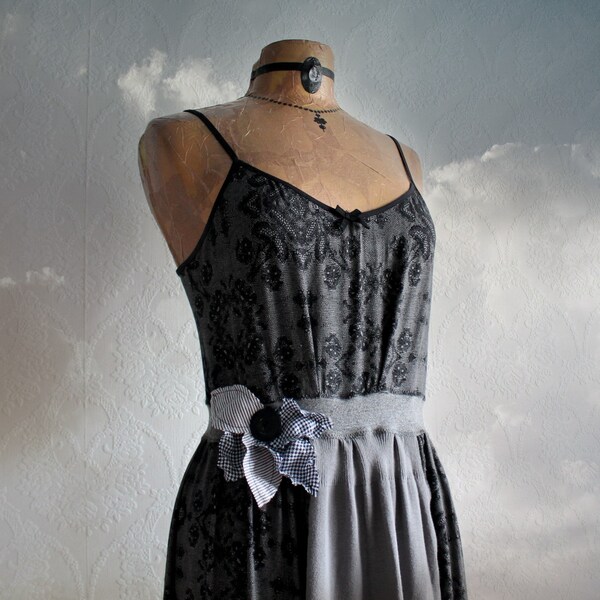 Grey Upcycled Dress Women's Eco Clothes Goth Steampunk Reconstructed Clothing Spaghetti Straps Wearable Art Eco Friendly Wear M/L 'BLYTHE'