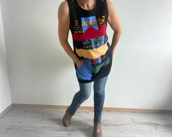 Colorful Tunic Women's Stretch Top Streetwear Style Cotton Tunic Recycle Upcycle Extra Long Top London Britain M L 'LAINEY'