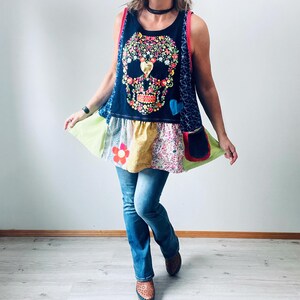 Upcycled Plus Size Sugar Skull Tunic Colorful Boho Top Women's Swing Tank Patchwork Clothing 1X 2X 3X 'EDEN' image 4