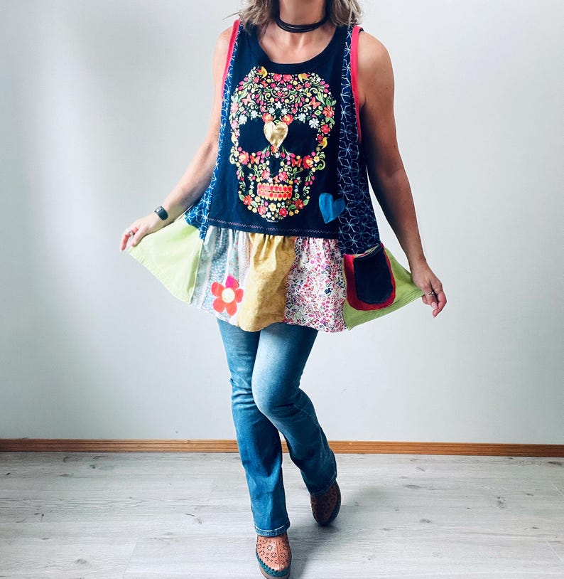 Upcycled Plus Size Sugar Skull Tunic Colorful Boho Top Women's Swing Tank Patchwork Clothing 1X 2X 3X 'EDEN' image 4