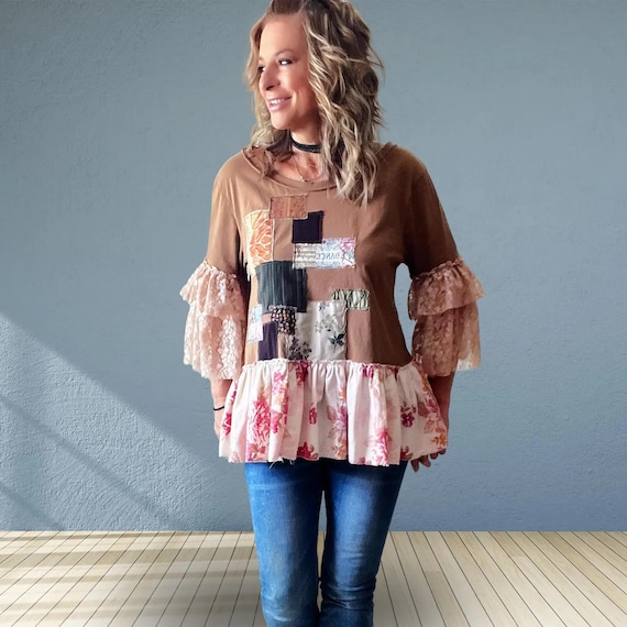 Cottagecore Top Shabby Chic Shirt Lace Bell Sleeves Upcycled Clothes Boho Tunic Patchwork Shirt M L XL 'HALEY'