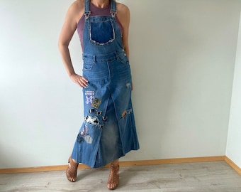 Women Overall Dress Rustic Distressed Denim Bib Dress Recycled Clothes Suspender Skirt Eco Friendly Wear Boho Hipster L 'SONIA'