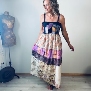 Upcycled Maxi Dress Boho Chic Tiered Sundress Fit and Flare Patchwork Dress L XL 'NOELLA'