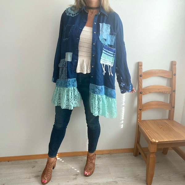 Eco Upcycle Clothing Shabby Chic Duster Women Jean Shirt Farmhouse Prairie Light Denim Jacket Oversize Tunic Country Clothes L XL 1X 'TORI'