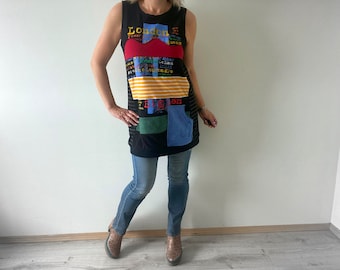 Colorful Tunic Women's Stretch Top Streetwear Style Cotton Tunic Recycle Upcycle Extra Long Top London Britain M L 'LAINEY'