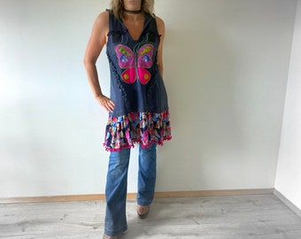 Butterfly Dress Patchwork Clothing Women's Boho Dress Blue Hippie Tunic Up Cycled Clothes Zero Waste Art To Wear L XL 1X 'BIANCA'