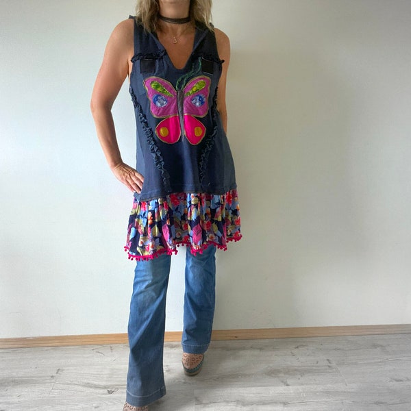 Butterfly Dress Patchwork Clothing Women's Boho Dress Blue Hippie Tunic Up Cycled Clothes Zero Waste Art To Wear L XL 1X 'BIANCA'