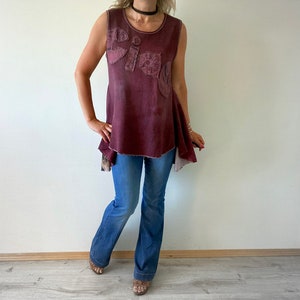 Upcycled Top Ciao Shirt Boho Women's Wear Burgundy Waffle Cotton Peplum Tank Rustic Shabby Style Sleeveless Tunic M L XL 'ROSIE' image 4