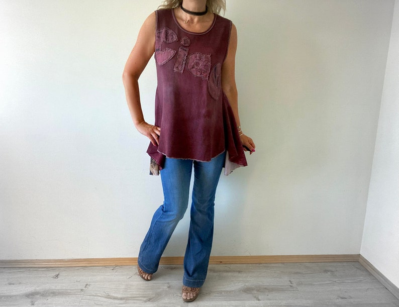 Upcycled Top Ciao Shirt Boho Women's Wear Burgundy Waffle Cotton Peplum Tank Rustic Shabby Style Sleeveless Tunic M L XL 'ROSIE' image 4