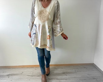 Bohemian Tunic Top Womens Hippie Shirt Shabby Chic Clothing Boho Clothes Flared Bell Sleeves Lace Tunic Art To Wear L XL 1X 'BEATRICE'