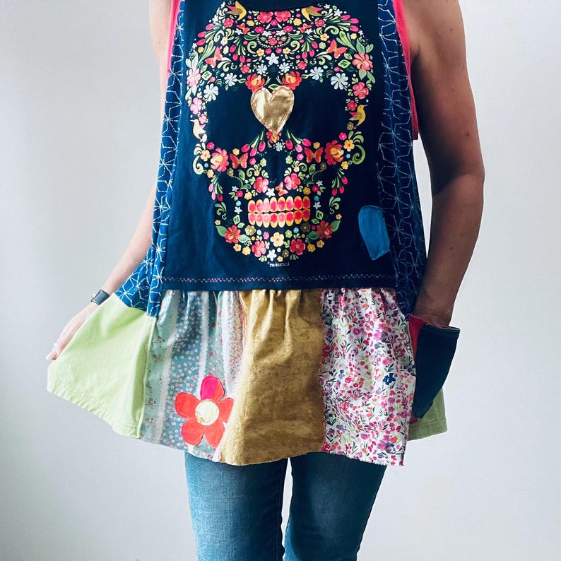 Upcycled Plus Size Sugar Skull Tunic Colorful Boho Top Women's Swing Tank Patchwork Clothing 1X 2X 3X 'EDEN' image 5