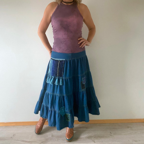 Denim Maxi Skirt Full Length Flared Jean Skirt Upcycle Clothing Shabby Patch Prairie Women Hippie Skirt Boho Festival Wear S M 'SIMONE'