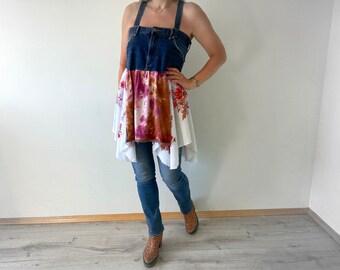 Women's Jean Top Shabby Chic Shirt Scarf Top Upcycled Clothing Layered Draped Floral Print Tunic Country Boho Clothes M 'MONIQUE'