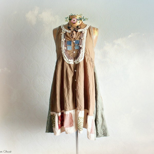 Shabby Prairie Dress Brown Rustic Sundress Upcycled Clothes Country Chic Summer Clothing Empire Waist Slouchy Dress Cotton Jumper M 'MURIEL'
