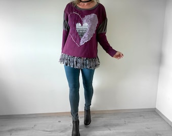 Shabby Chic Sweatshirt Large Heart Boho Women's Art Top Burgundy Tunic Bohemian Clothing Shirt With Pockets Upcycle Recycle L XL 1X 'SADIE'