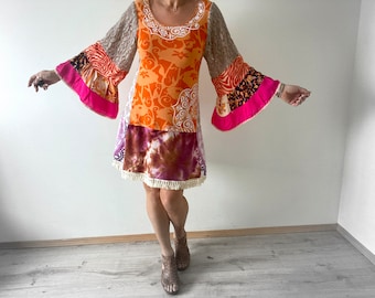 Women's Boho Dress Up Cycled Clothing Wide Bell Sleeves Bohemian Gypsy Hippie Chic Style Colorful Summer Dress M 'GRETCHEN'