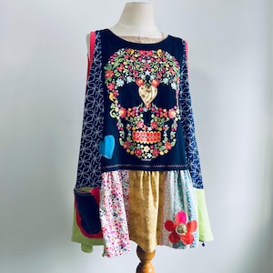 Upcycled Plus Size Sugar Skull Tunic Colorful Boho Top Women's Swing Tank Patchwork Clothing 1X 2X 3X 'EDEN' image 3
