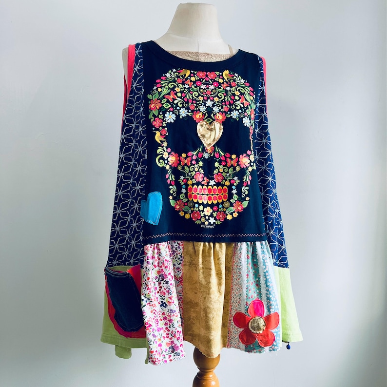 Upcycled Plus Size Sugar Skull Tunic Colorful Boho Top Women's Swing Tank Patchwork Clothing 1X 2X 3X 'EDEN' image 3