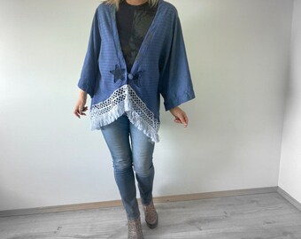 Dragonfly Kimono Denim Blue Layering Piece Versatile Cover Up Light Jacket Bohemian Clothing Boho Chic Fringe Cardigan M L XL 1X 'CARLY'