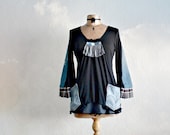 Black Boho Top Women's Fringed Shirt Upcycled Clothes Recycled Jeans Art To Wear Tunic With Pockets Funky Clothing Indie Fashion M 'CREE'