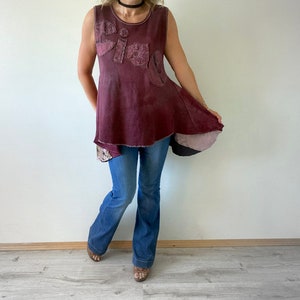 Upcycled Top Ciao Shirt Boho Women's Wear Burgundy Waffle Cotton Peplum Tank Rustic Shabby Style Sleeveless Tunic M L XL 'ROSIE' image 9