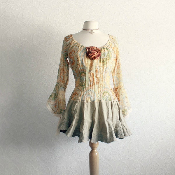 Romantic Top Bohemian Blouse Golden Tan Upcycled Clothing Women's Shirt Retro Clothes Beige Tunic Eco Fashion Medium 'TUSCANY'