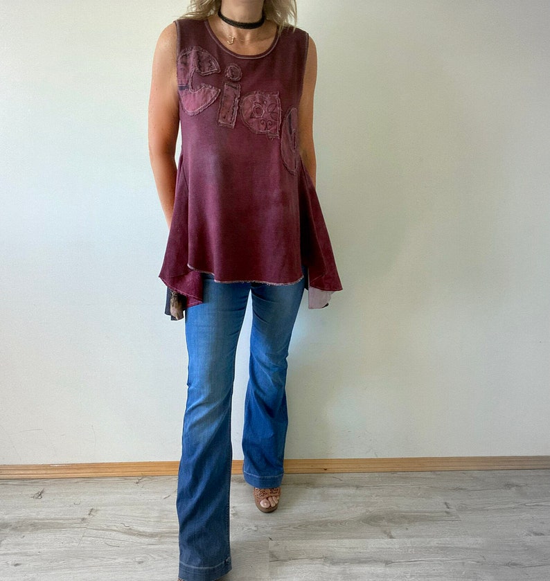 Upcycled Top Ciao Shirt Boho Women's Wear Burgundy Waffle Cotton Peplum Tank Rustic Shabby Style Sleeveless Tunic M L XL 'ROSIE' image 8