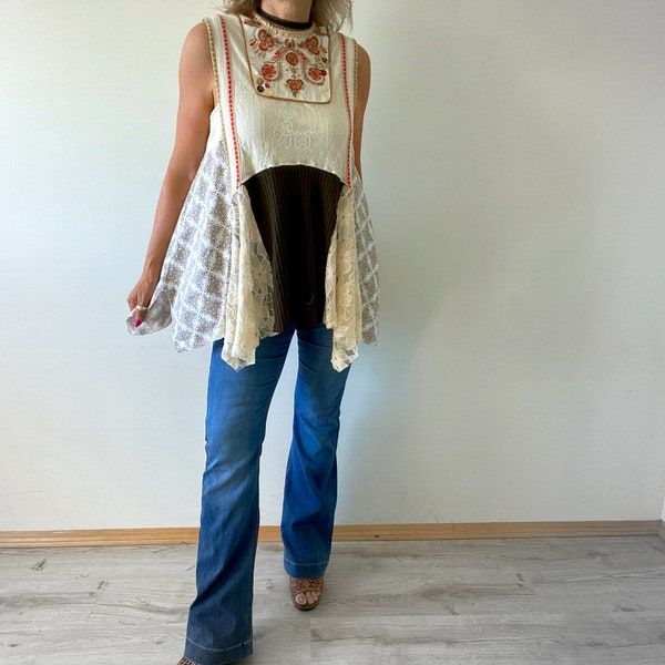 Romantic Tunic Top Cream Lace Shabby Chic Shirt Altered Couture Gypsy Chic Blouse Country Clothing Vintage Style Boho Clothes M 'MEGAN'